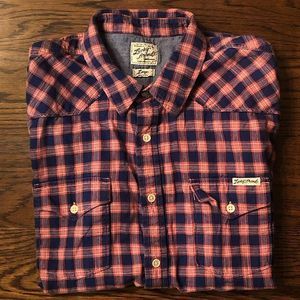 LUCKY BRAND Men’s Navy Red Western Check Short Sleeve Button Down Shirt Sz Large